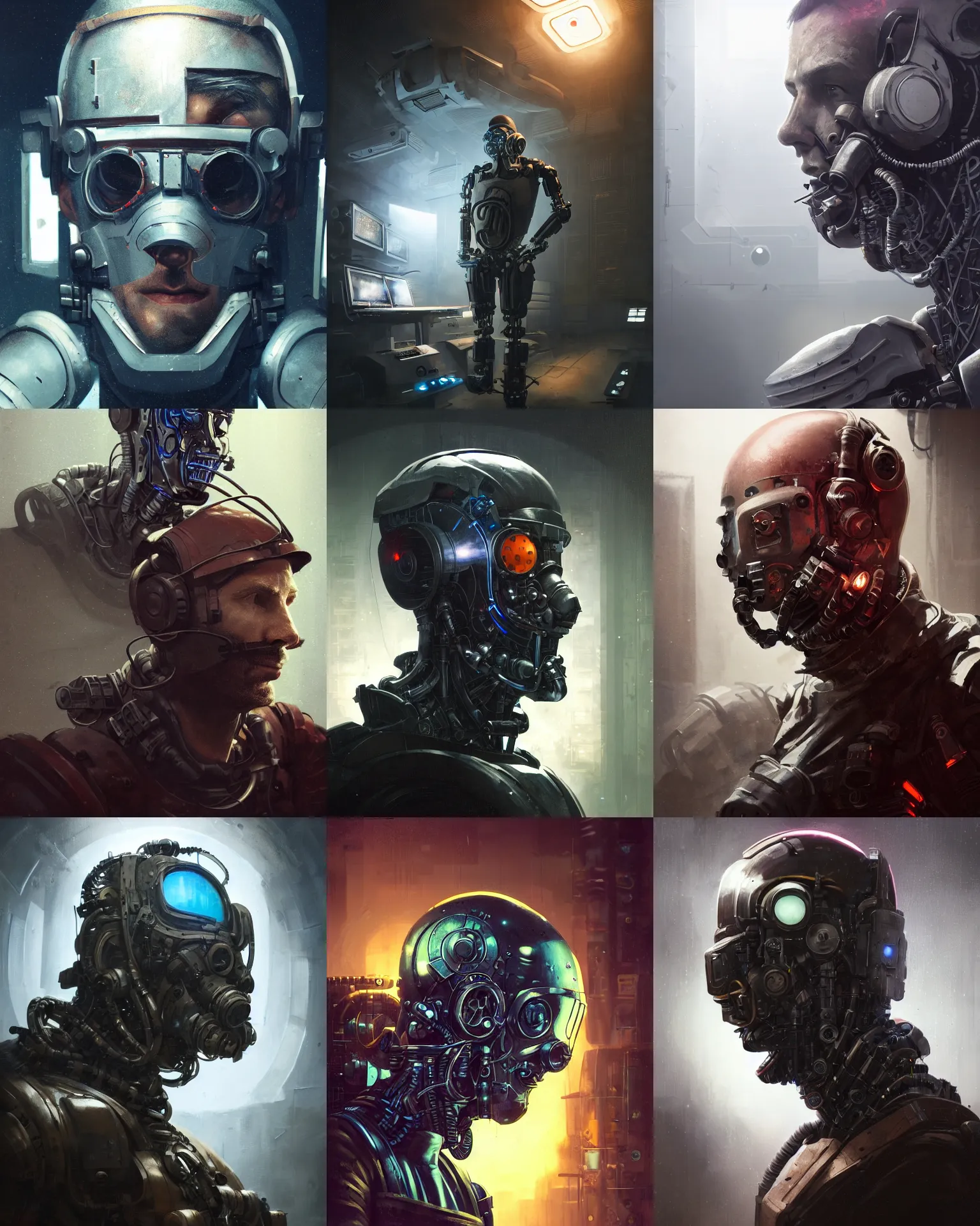 Prompt: a masked rugged engineer man with cybernetic enhancements in a control room, scifi character portrait by greg rutkowski, esuthio, craig mullins, 1 / 4 headshot, cinematic lighting, dystopian scifi gear, gloomy, profile picture, mechanical, half robot, implants, steampunk