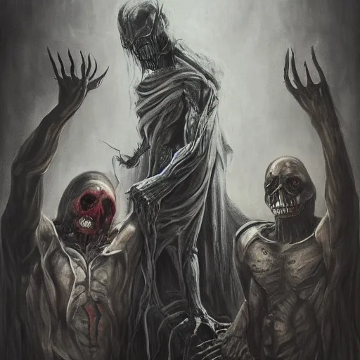 Image similar to The struggle between good and evil, detailed art, dark theme, horror, painting,