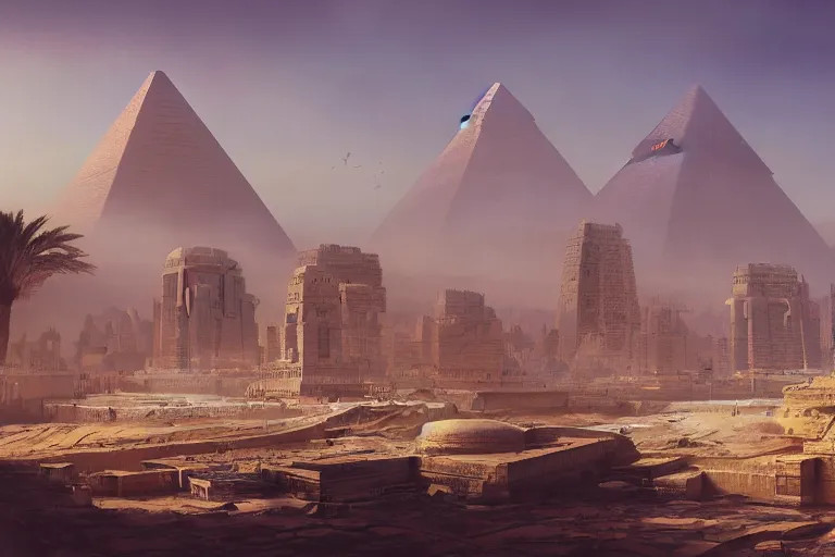 Image similar to futuristic oriental egyptian city, matte painting, long shot, concept art, wide shot, digital art, trending on artstation, 4 k, extremely detailed, realistic, midday, warm colors, golden sunlight, by greg rutkowski, cinematic, epic