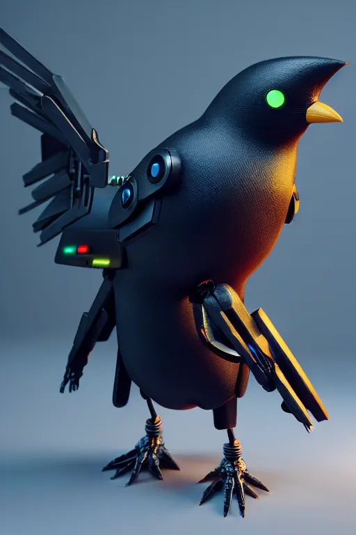 Image similar to high quality 3 d render very cute cyborg crow! sings into microphone!, cyberpunk highly detailed, unreal engine cinematic smooth, in the style of blade runner & detective pikachu, hannah yata charlie immer, moody light, low angle, uhd 8 k, sharp focus