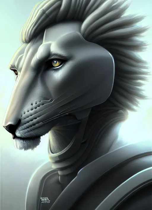 Image similar to an anthromorphic male white lion in a cybersuit, diffuse lighting, fantasy, highly detailed, photorealistic, digital painting, artstation, illustration, concept art, smooth, sharp focus, in the style of tom bagshaw