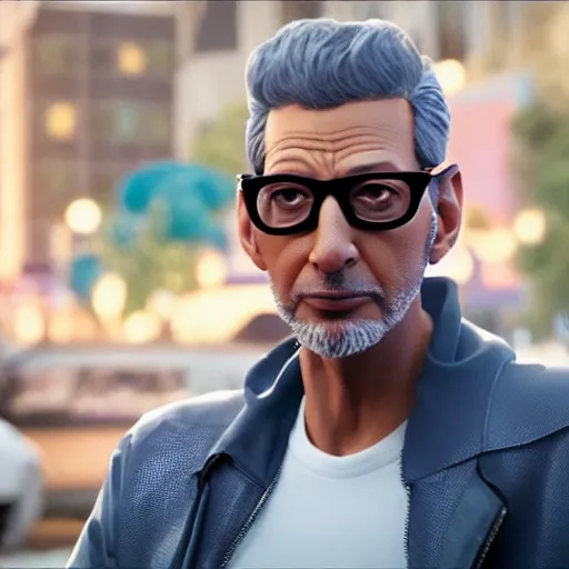Prompt: beautiful up close photo of Jeff Goldblum staring toward camera while sitting in a scene in, Spider-Man: Into the Spider-Verse (2018) movie