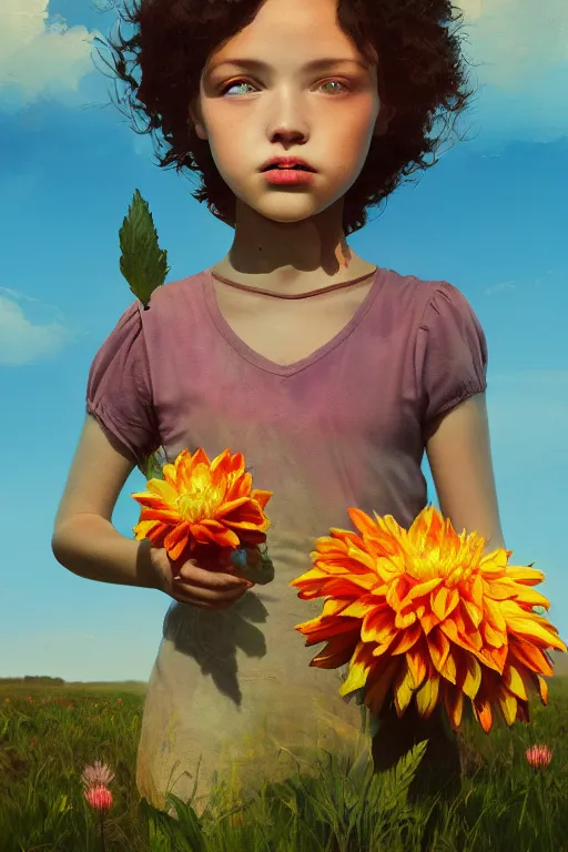 Image similar to closeup girl with huge dahlia flower head, portrait on beach, surreal photography, blue sky, sunrise, dramatic light, impressionist painting, digital painting, artstation, simon stalenhag