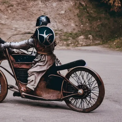 Image similar to medieval knight riding on a motorcycle