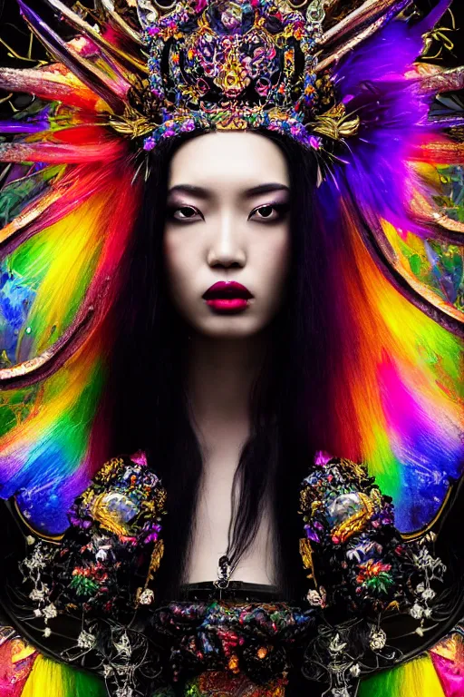 Image similar to a singular beautiful empress dramatic portrait, black hair, with a brilliant, impossible striking shiny big multi colored crystal headpiece, symmetrical, reflective surface, rainbow crystal clothes, rococo, baroque, jewels, asian, realistic, dramatic studio lighting, closeup, D&D, fantasy, intricate, elegant, highly detailed, digital painting, artstation, octane render, 8k, concept art, matte, sharp focus, illustration, art by Artgerm and Greg Rutkowski and Alphonse Mucha