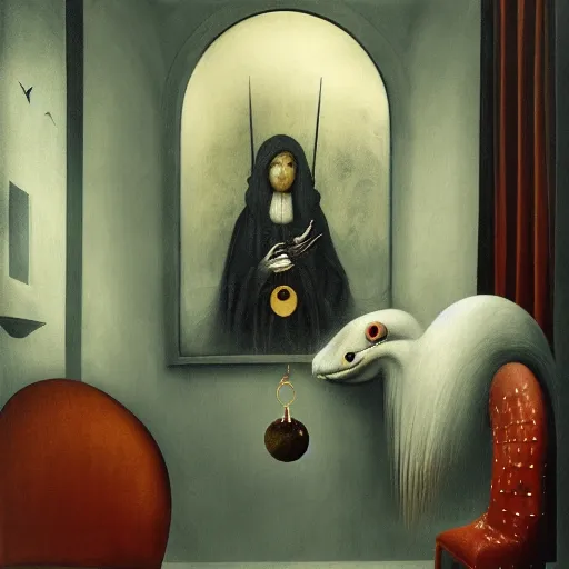 Prompt: a creature with distinct personality by ashley wood, leonora carrington, hieronymus bosch and mark ryden, alone in a hotel room : : portrait through a mirror : : ultra - detailed technical precision : : matte painting, high definition 3 d render, unreal engine