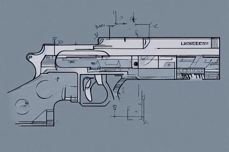 Image similar to blueprint of a laser gun, technical drawing, concept art, vector art, detail, centered with clear border,