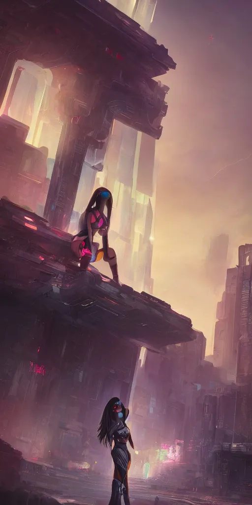 Prompt: A vibrant matte portrait of a shy futuristic woman-warrior touching her hair on a ruins of a metropolis, trending on artstation, unreal engine, 3D 4k, dynamic lighting, concept art, sci-fi, dramatic lighting