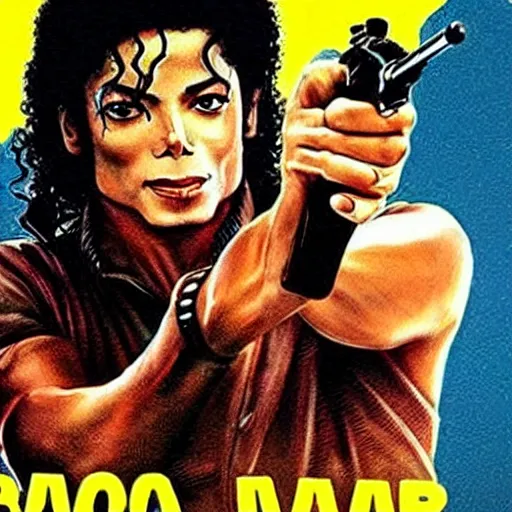 Prompt: michael jackson in rambo movie poster, holding machine gun