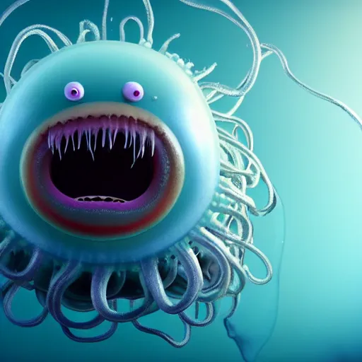 Image similar to a beautiful extreme wide uncropped full body photograph of an entire super cute jellyfish monster with huge sad eyes and sharp fangs in a wide open mouth, highly detailed, smooth, very very clean, 8 k, cinematic movie photograph, cinematic lighting, octane render, zbrush central contest winner, 3 d maya render