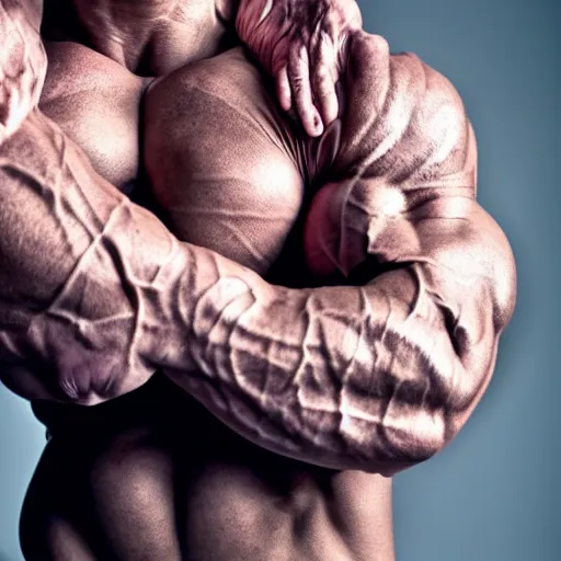 Image similar to a newborn baby with huge muscles bodybuilder, rippling muscles, huge veins, bulging muscles, ripped, flexing, intense expression, award winning photography, high detail