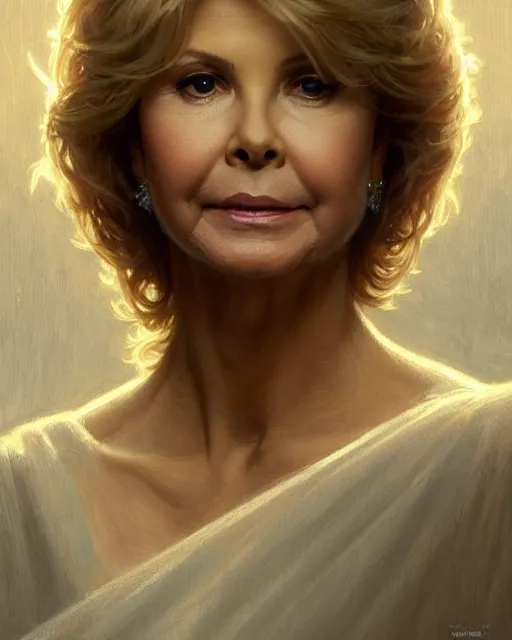 Prompt: Portrait of a Olivia Newton John going up to heaven, Michael Mcintyre looks on in background, real life skin, intricate, elegant, highly detailed, artstation, concept art, smooth, sharp focus, art by artgerm and greg rutkowski and alphonse mucha