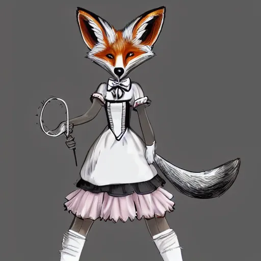 Image similar to a fox fursona wearing a maid outfit, highly detailed, digital art, trending on artstation, furry art