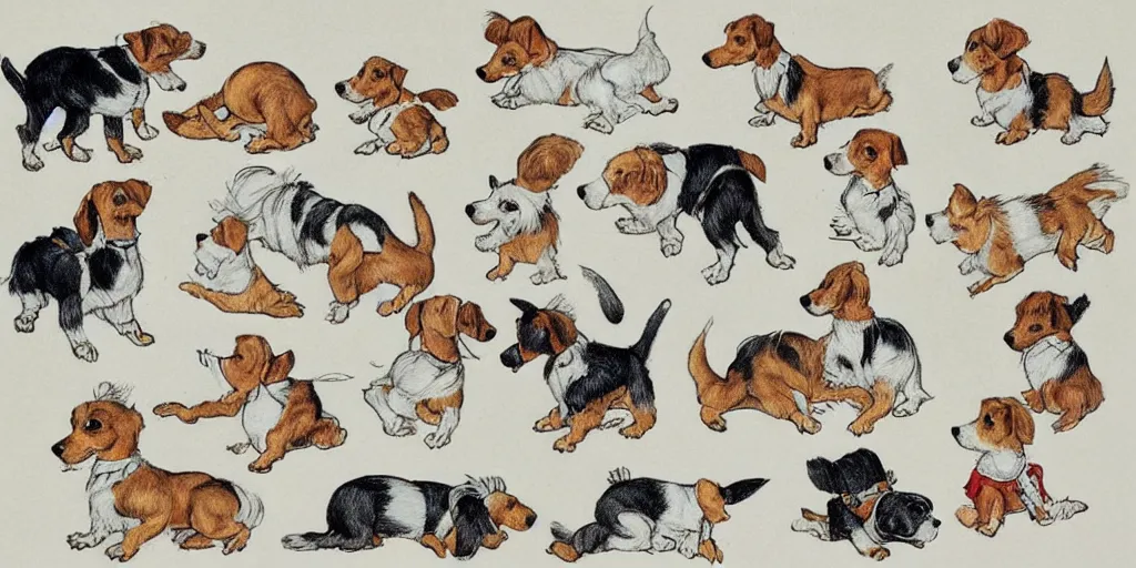 Prompt: jack russel dog, sprite sheet illustrated by peggy fortnum and beatrix potter and sir john tenniel