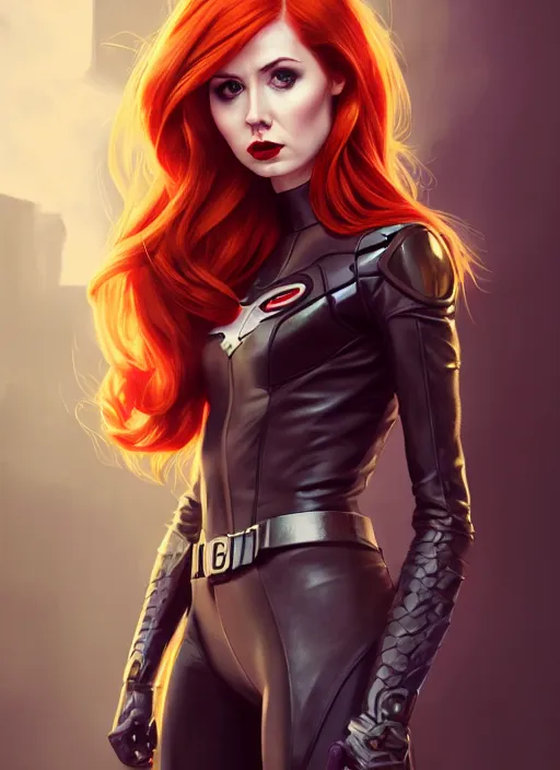 Image similar to Karen Gillan Batgirl, redhead, full body, no mask, symmetrical face symmetrical eyes, leaping from a building, illustration, artstation, cinematic lighting, hyperdetailed, cgsociety, 8k, high resolution, Charlie Bowater, Tom Bagshaw, Norman Rockwell, insanely detailed and intricate