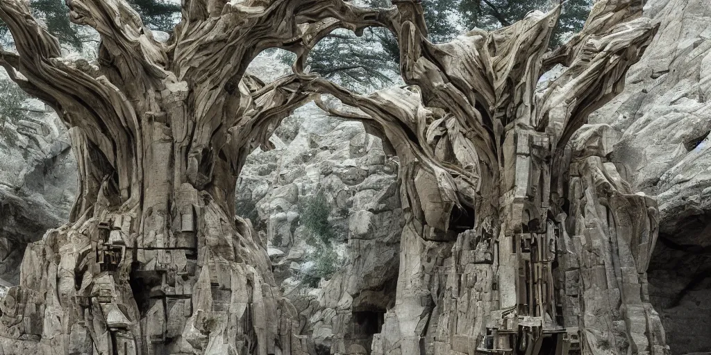 Image similar to stunning city of stone inside agray granite canyon cyber mechanical tree fusion of starwar sand gothicrevivalarchi