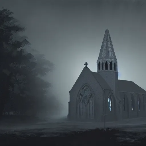 Image similar to victorian church, dark, misty, at night, 8 k, detailed, concept art, trending on artstation