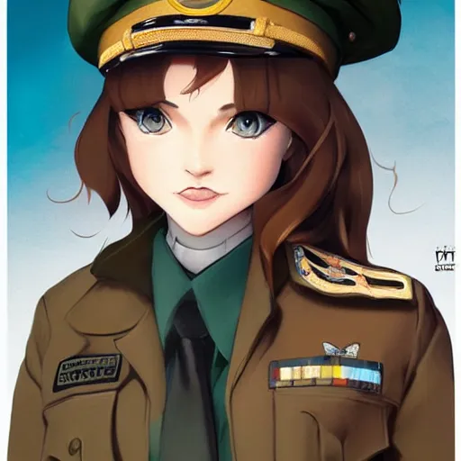 Prompt: portrait of young woman with light brown hair and hazel eyes dressed in a sharp dark teal military uniform with beret, saluting, smiling, ilya kuvshinov, anime, ross tran
