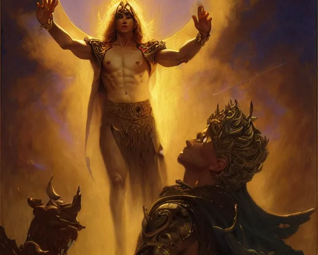 Image similar to attractive male deity, casting demonic magic, summoning handsome lucifer morning star. highly detailed painting by gaston bussiere, craig mullins, j. c. leyendecker 8 k