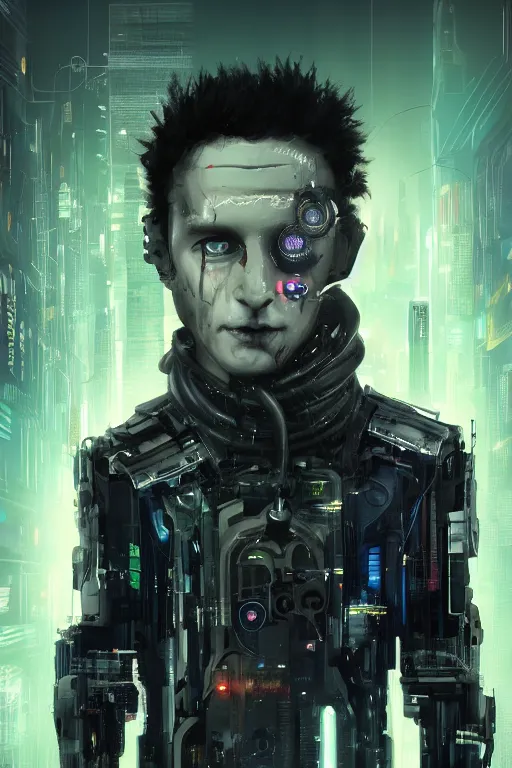 Image similar to head and shoulders render of man black_jacket close up cyberpunk face ((single_eye _glowing_red_eye red_emissives!)) android face mecha, inhuman creepy intimidating, exposed cables-bundle-black-thick Tom Bagshaw and Greg Rutkowski and Alphonse Mucha Bladerunner 2049 screenshot artstation UE5 Cyberpunk 2077 character trending 165mm