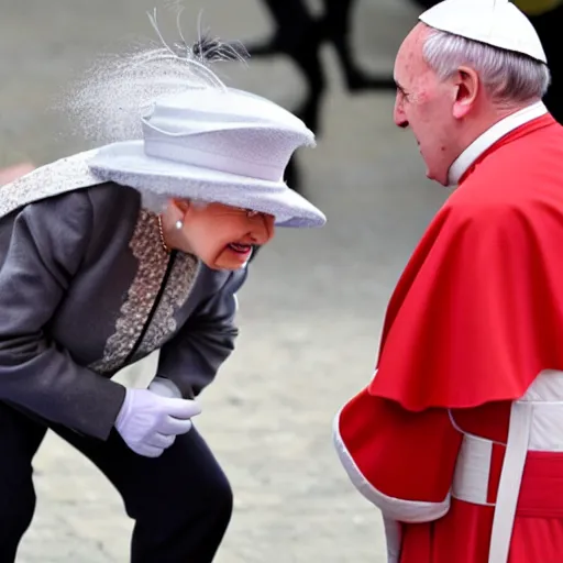 Image similar to the queen of england viciously attacks the pope in a boxing ring