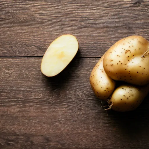 Prompt: potato with face, legs and arms, on a wooden table