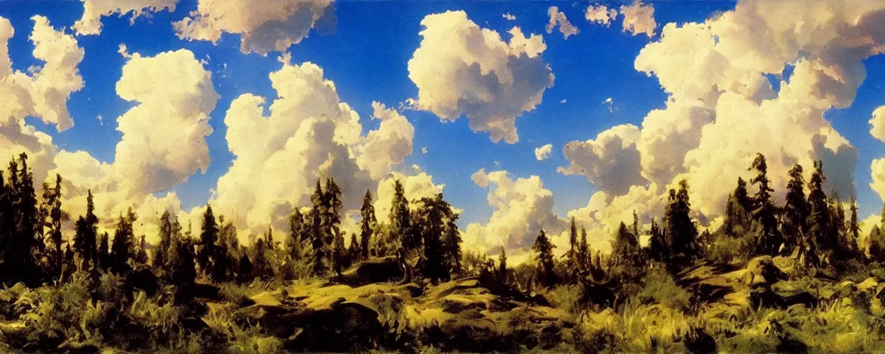 Image similar to disney illustrated background of blue sky huge clouds by eugene von guerard, ivan shishkin, john singer sargent