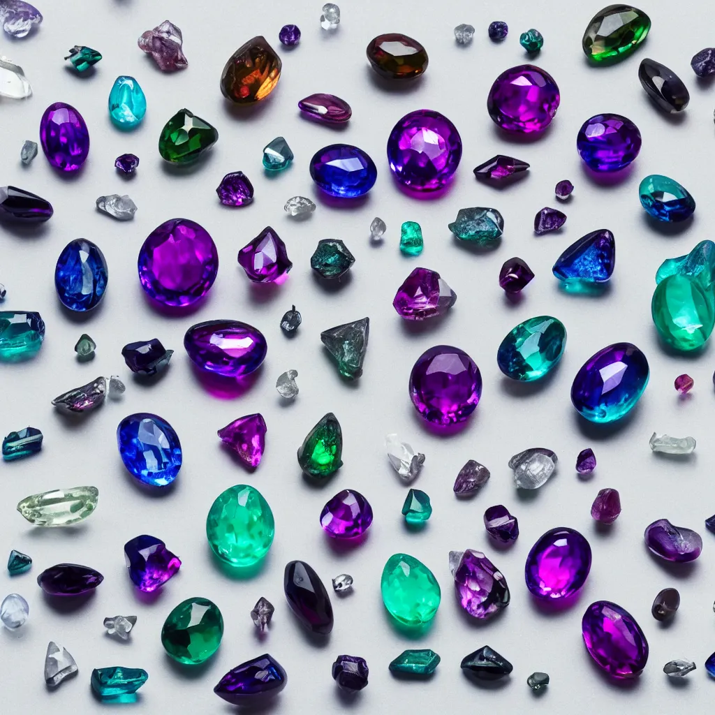 Prompt: collection of alien gemstones with levitating properties, professional studio photography, white backdrop, light refraction, chromatic aberration, bokeh,