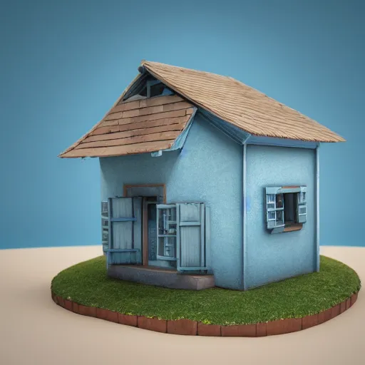 Image similar to cute chubby house, 3 d render, minimalistic, octane, 1 0 0 mm, depth of field, diorama, blue background