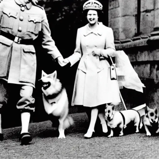 Prompt: ultra wide historical photo of young queen elizabeth and her corgis conquering nazi germany, sharp focus, highly detailed