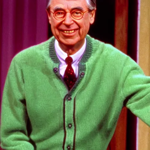 Image similar to mr. rogers proudly displaying an extremely disturbing horror puppet dripping with slime, color screengrab, 4 k