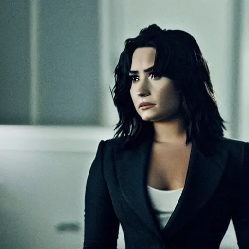 Image similar to close-up of Demi Lovato as a detective in a movie directed by Christopher Nolan, movie still frame, promotional image, imax 70 mm footage