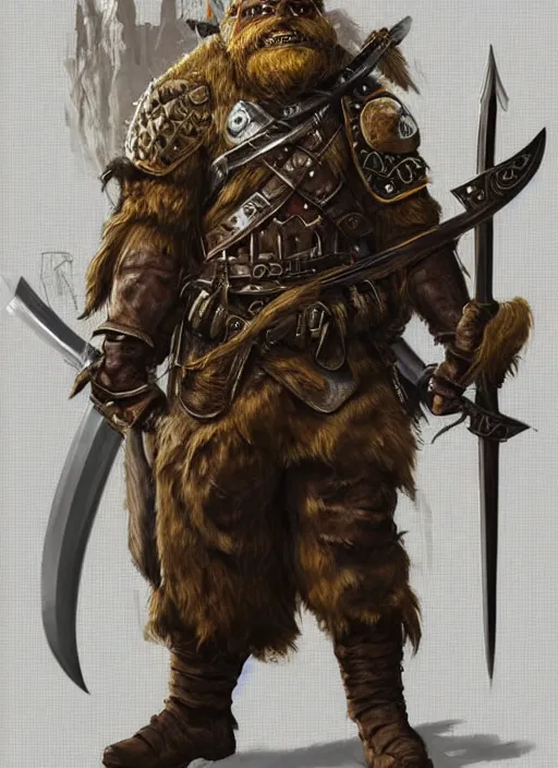 Image similar to strong young man, photorealistic bugbear ranger holding sword, fire magic, black beard, dungeons and dragons, pathfinder, roleplaying game art, hunters gear, jeweled ornate leather and steel armour, concept art, character design on white background, by norman rockwell, makoto shinkai, kim jung giu, artstation trending, poster art, colours red and green