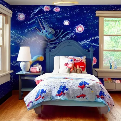 Image similar to a child’s bedroom, painting of a lobster, starry night bedsheets, Pokemon lamp on desk, blue window sill,