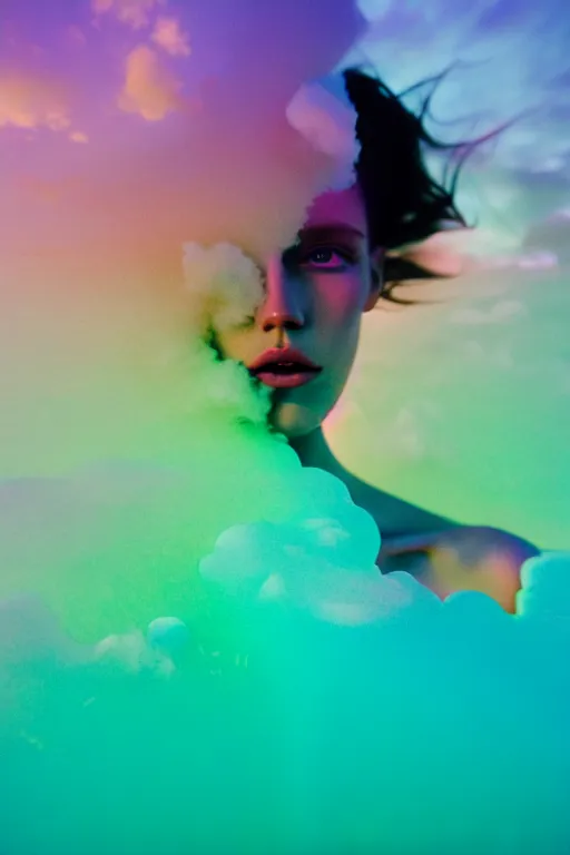 Image similar to high quality pastel coloured film close up wide angle photograph of a model wearing clothing swimming on cloud furniture in a icelandic black rock!! environment in a partially haze filled dreamstate world. three point light, rainbow. photographic production. art directed. pastel colours. volumetric clouds. pastel gradient overlay. waves glitch artefacts. extreme facial clarity. 8 k. filmic.