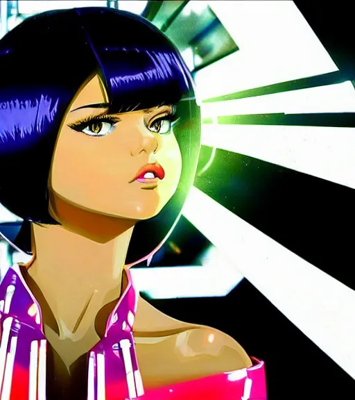 Prompt: beautiful closeup portrait of a black bobcut hair style futuristic selena gomez in a blend of 8 0 s anime - style art, augmented with vibrant composition and color, filtered through a cybernetic lens, by hiroyuki mitsume - takahashi and noriyoshi ohrai and annie leibovitz, dynamic lighting, flashy modern background with black stripes