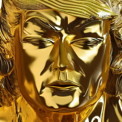 Image similar to donald trump golden statue starting to melt, drips of molten metal ground angle, uhd 8 k, sharp focus