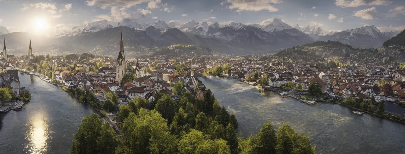 Image similar to Photo of Zurich, looking down the river at the lake and the alps, Hardturm, Grossmünster, wide angle, volumetric light, hyperdetailed, mountain water, artstation, cgsociety, 8k