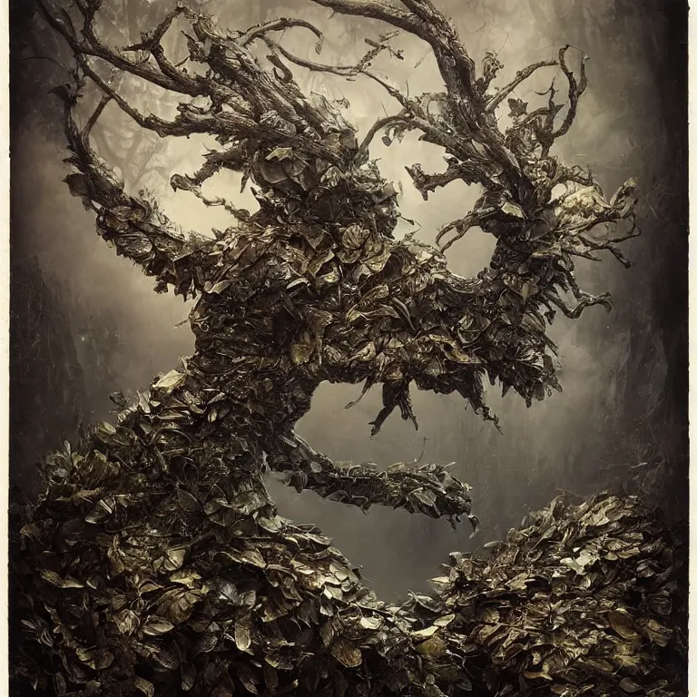 Image similar to powdery blurry old tintype portrait of realistic armoured tree made of leaves, dramatic light, dystopian environment, intricate, elegant, highly detailed, centered headdress, artstation, sharp focus, artgerm, tomasz alen kopera, peter mohrbacher, donato giancola, joseph christian leyendecker, wlop, boris vallejo, frank frazetta