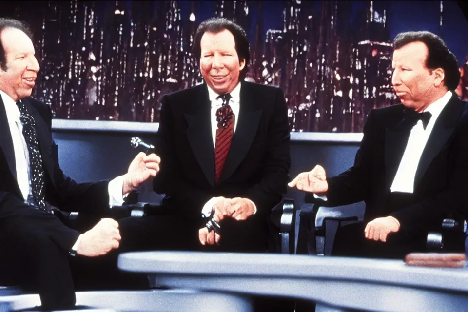 Prompt: still image of darth vader as host of the late night show interviewing gary shandling in 1 9 9 3, vhs tape recording, old footage