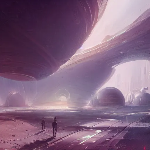 Image similar to concept art of a futuristic city inside a martian crater covered by a transparent dome by greg rutkowski, cinematic lighting, nostalgic atmosphere, artstation hq.