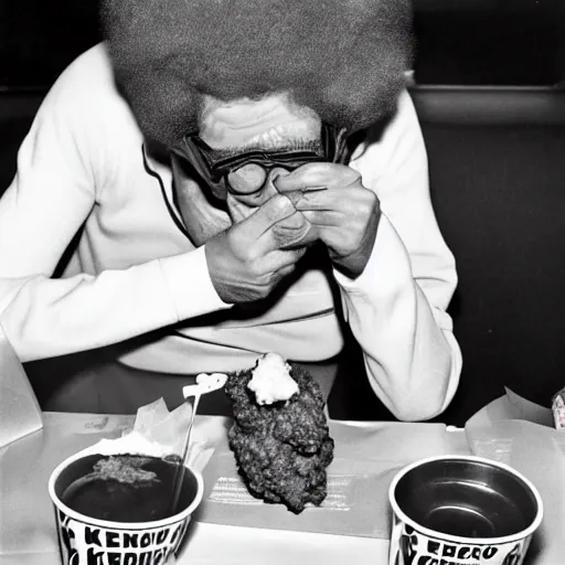 Image similar to Paparazzi Photograph of Ronald Mcdonald eating Kentucky Fried Chicken at Burger King