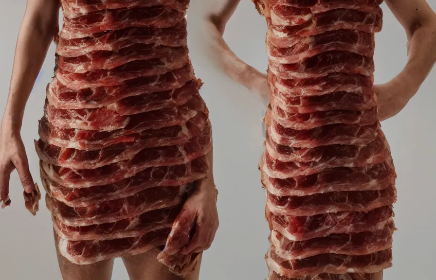 Prompt: dress made out of meat, catalogue photograph