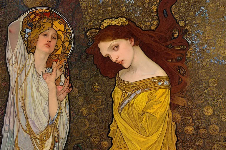 Prompt: the annunciation oil painting cross between the styles of alphonse mucha and gustav klimt gold leaf, intricate detailed,