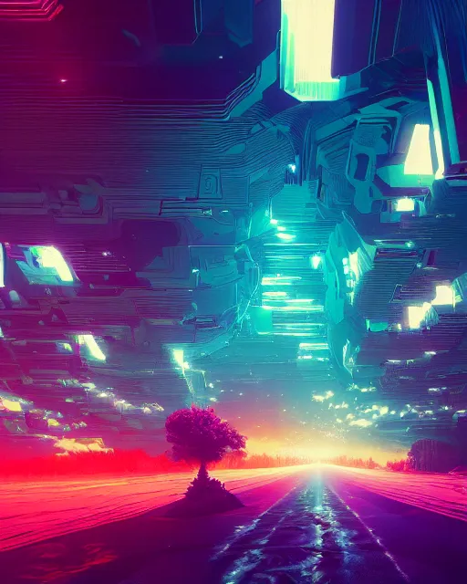 Image similar to Digital world, simulation theory, glitching, scifi, global illumination, unique landscape, fine details, perfect, 8k high detail, masterpiece, trending on ArtStation, by Alena Aenami, Petros Afshar, Liam Wong