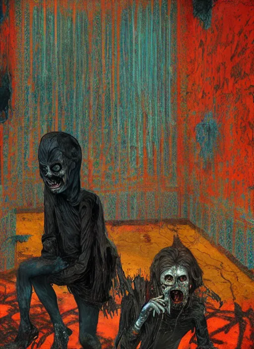 Prompt: two dark figures laughing inside a decayed Romanian motel room, Neo-Gothic, gothic, rich deep colors. intricate artwork in the style of Francis bacon and James jean, part by Gerhard Richter, part Petra cortright, highly detailed, very coherent, horror, rich colours