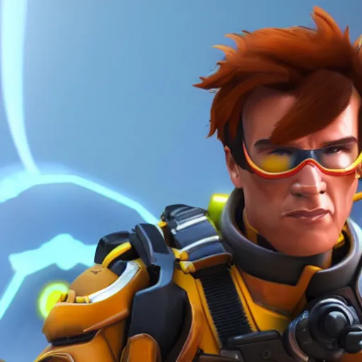 Image similar to a screenshot of arnold schwarzenegger as tracer in overwatch