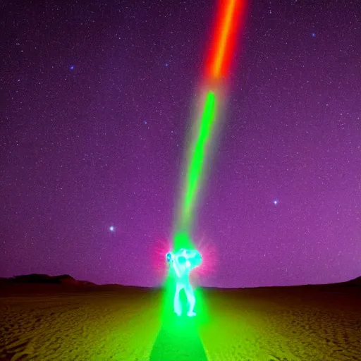 Prompt: photo of a purple gorilla using a green light saber in the desert