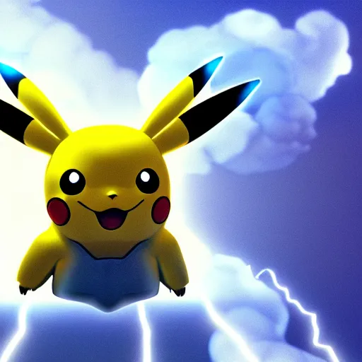 Image similar to a Pikachu that is the God of the universe, thunder, lightning, clouds, futuristic, Cyberpunk, cinematic lightning, 8k render, Nvidia omniverse, cinematic stuff,