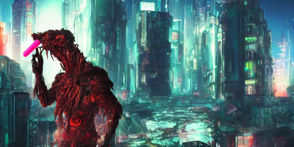 Prompt: a cyberpunk chtulhu creature enjoying a popsicle, closeup, fallout 5, studio lighting, deep colors, apocalyptic setting, vertically mirrored city in background